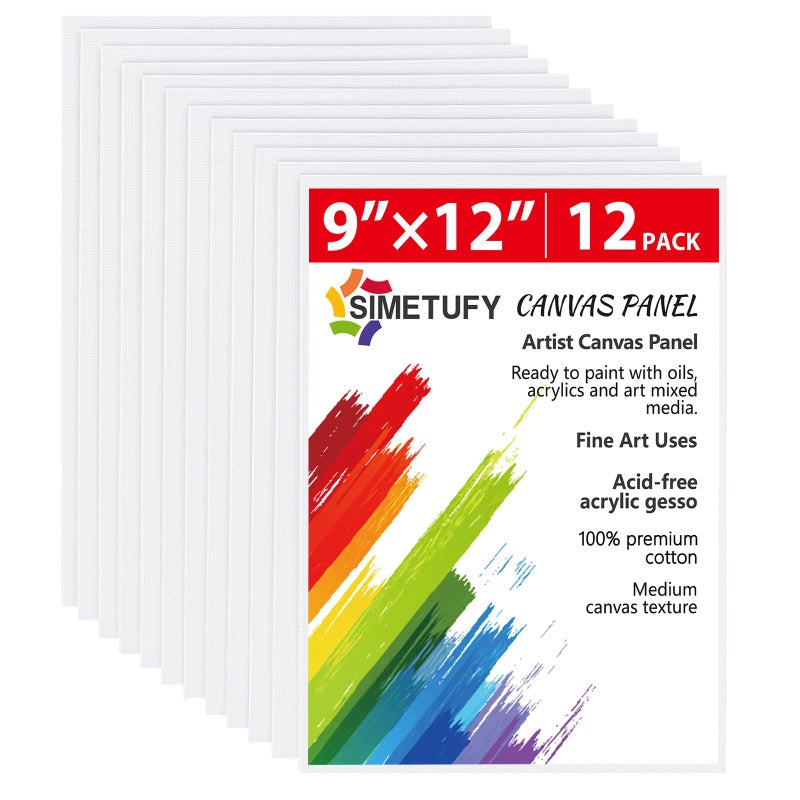 Simetufy 12 Pack 9 x 12 inch Canvas Boards for Painting Canvas Panels- Gesso Primed Acid-Free 100% Cotton for Acrylics Oil Watercolor Tempera Paints - Image 1