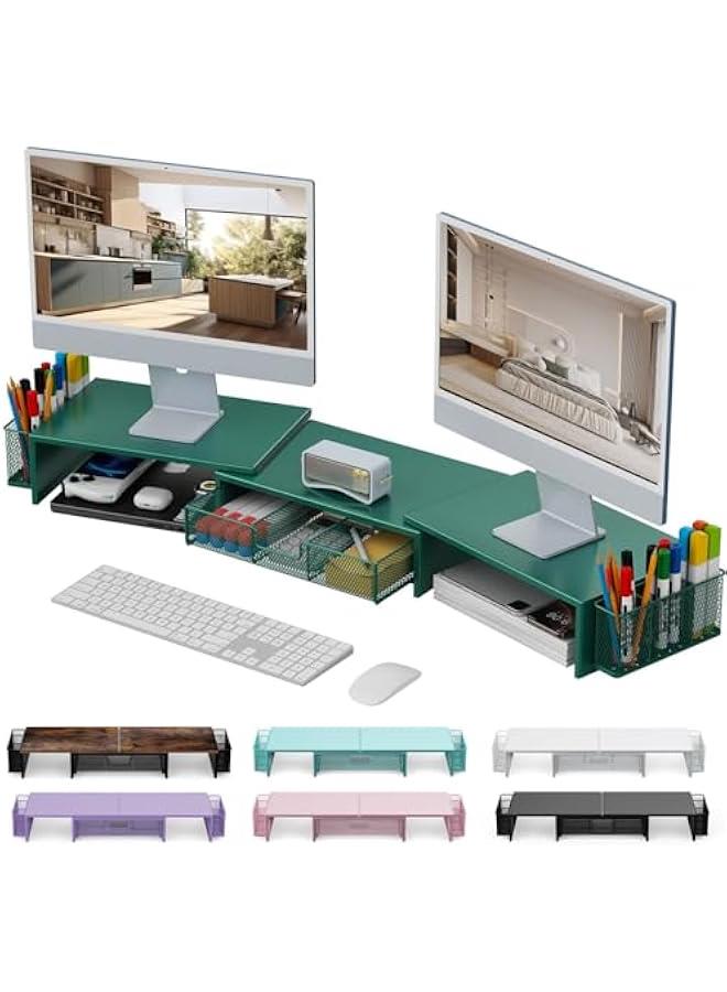 Arabest Dual Monitor Stand Riser, Desk Organizer With Drawer and 2 Pen Holders, Monitor Stand for Desk, Office Decor Essentials (Green)  - Image 1
