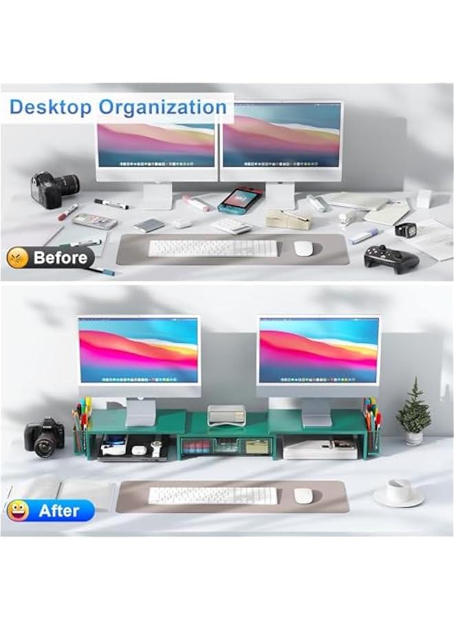 Arabest Dual Monitor Stand Riser, Desk Organizer With Drawer and 2 Pen Holders, Monitor Stand for Desk, Office Decor Essentials (Green)  - Image 2