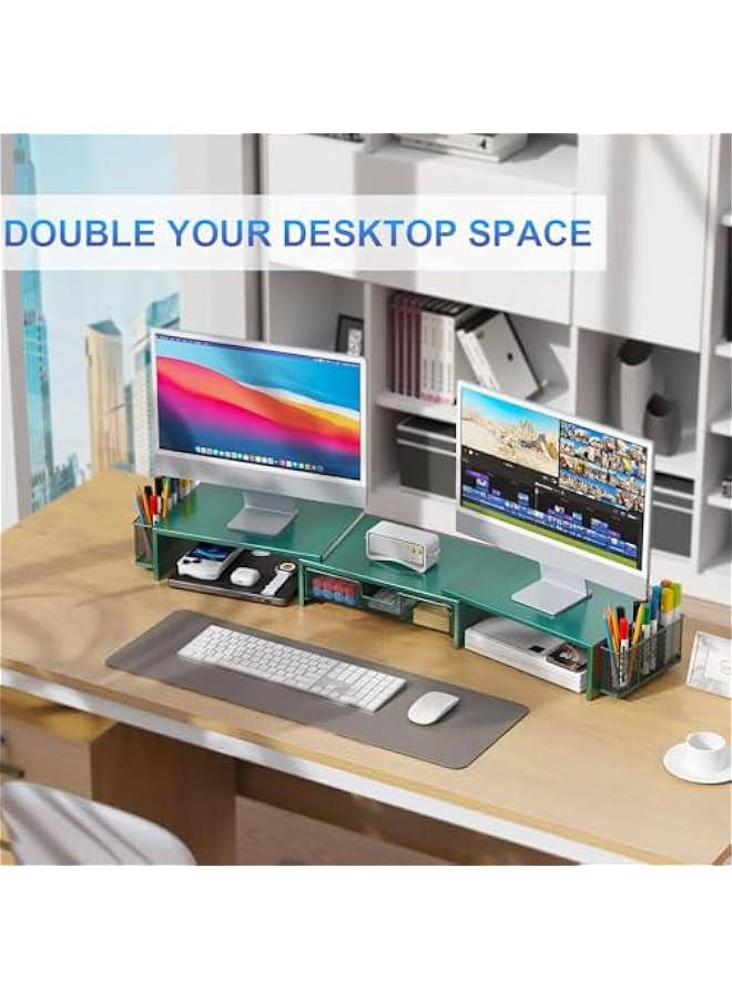Arabest Dual Monitor Stand Riser, Desk Organizer With Drawer and 2 Pen Holders, Monitor Stand for Desk, Office Decor Essentials (Green)  - Image 3