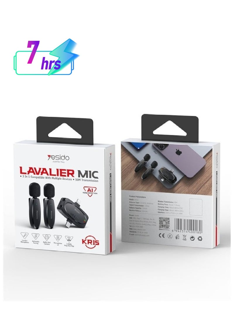 Yesido LAVALIER MIC KR15 Noise AI Reduction Best Microphone For Vlogers Black - Image 1