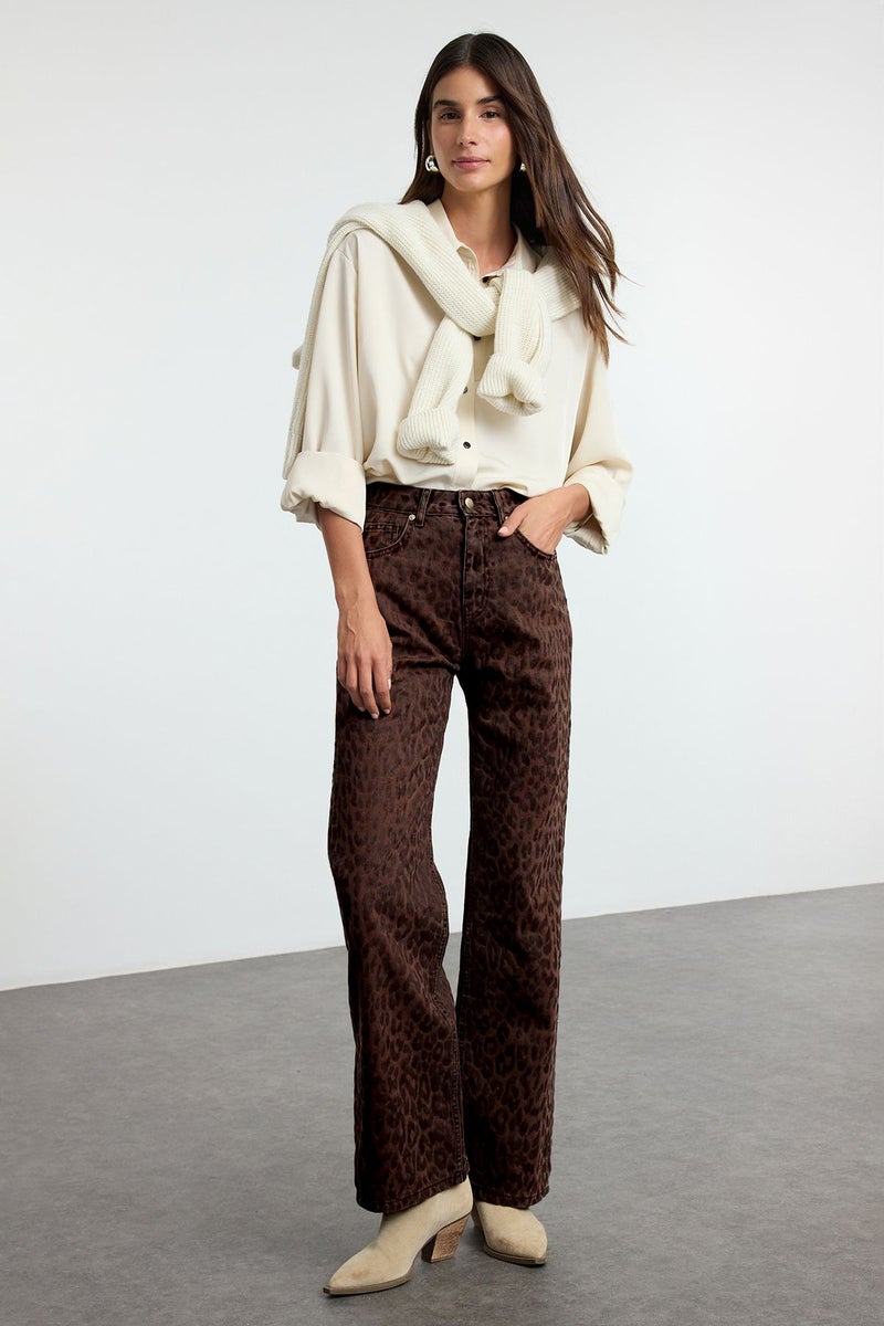 trendyol Leopard Print High Waist Wide Leg Jeans - Brown Suede Twoaw25Je00394 - Image 3