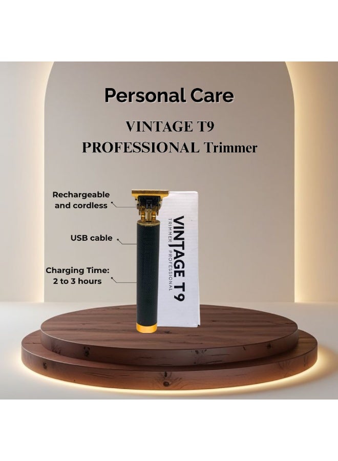 فينتدج تي 9 ماكينة قص الشعر الاحترافية T9 من VINTAGE | ماكينة قص شعر لاسلكية قابلة لإعادة الشحن مع رأس زيت بمسافة 0، ومحرك قوي، وشحن USB (مدة شحن من ساعتين إلى ثلاث ساعات)، ومظهر معدني، وملحقات كاملة مع مجموعة زيت متضمنة. - Image 1