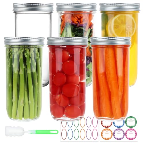 CARBLIN Wide Mouth Mason Jars 24 oz, 6 Pack 720ml Glass Canning Jars with Airtight Lids, Large Storage Jars with Labels Brush, Clear Mason Jars for Canning, Fermenting, Pickling, DIY Projects - Image 1