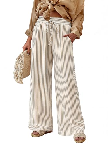 Bagavs Womens Striped Wide Leg Palazzo Pants High Waisted Elastic Drawstring Casual Lounge Trousers with Pockets(Khaki Stripe, Large) - Image 1