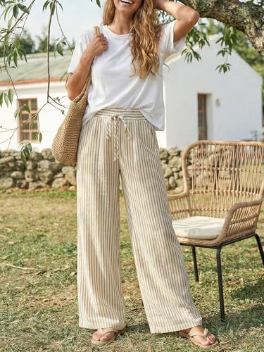 Bagavs Womens Striped Wide Leg Palazzo Pants High Waisted Elastic Drawstring Casual Lounge Trousers with Pockets(Khaki Stripe, Large) - Image 5