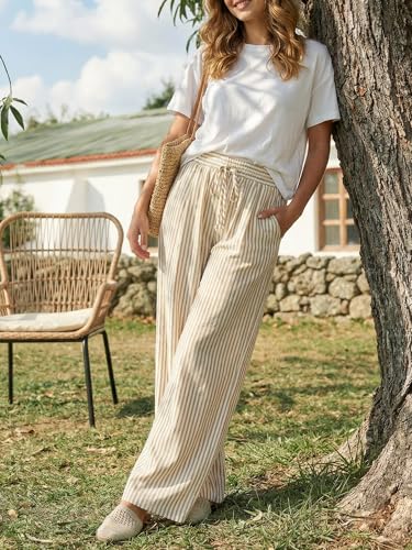 Bagavs Womens Striped Wide Leg Palazzo Pants High Waisted Elastic Drawstring Casual Lounge Trousers with Pockets(Khaki Stripe, Large) - Image 4