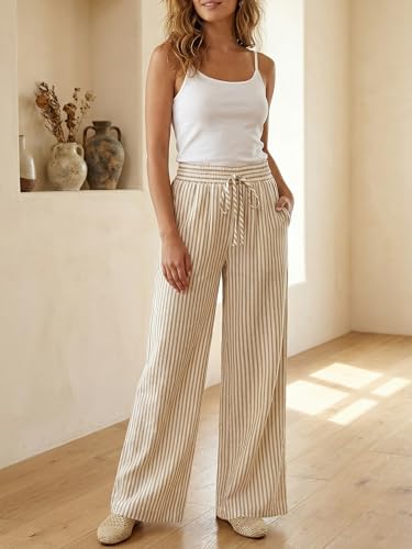 Bagavs Womens Striped Wide Leg Palazzo Pants High Waisted Elastic Drawstring Casual Lounge Trousers with Pockets(Khaki Stripe, Large) - Image 3