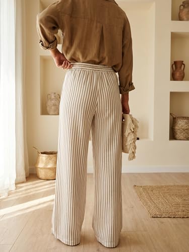 Bagavs Womens Striped Wide Leg Palazzo Pants High Waisted Elastic Drawstring Casual Lounge Trousers with Pockets(Khaki Stripe, Large) - Image 2