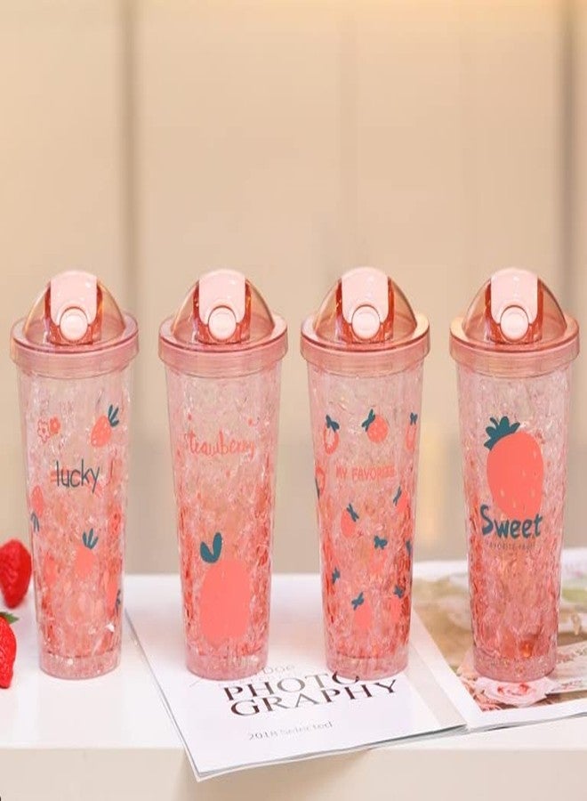 TEMSON Double Wall Cartoon Printed Sipper with Straw,Jelly Freezer Water Sipper for Kids, Acrylic Sipper Bottle with Straw - 450 ML (B - Pink)(BB 9016) - Image 1