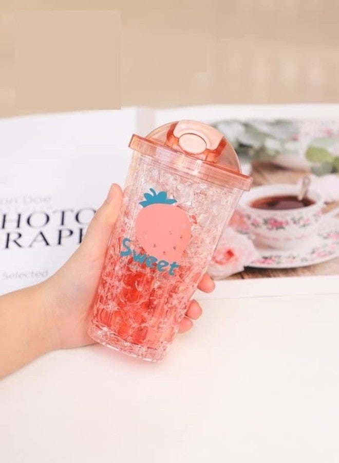 TEMSON Double Wall Cartoon Printed Sipper with Straw,Jelly Freezer Water Sipper for Kids, Acrylic Sipper Bottle with Straw - 450 ML (B - Pink)(BB 9016) - Image 2