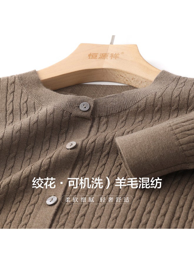 Hengyuanxiang Machine Washablewomen'S Knitted Round Neck Cardigan, Spring/Autumn Wool Sweater With Cable Pattern Top - Image 2