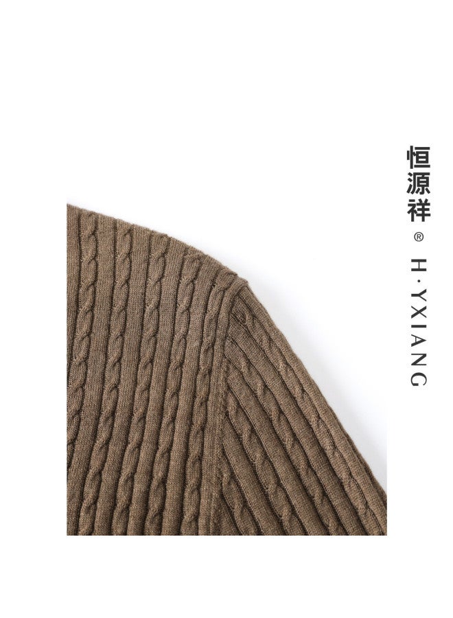 Hengyuanxiang Machine Washablewomen'S Knitted Round Neck Cardigan, Spring/Autumn Wool Sweater With Cable Pattern Top - Image 3