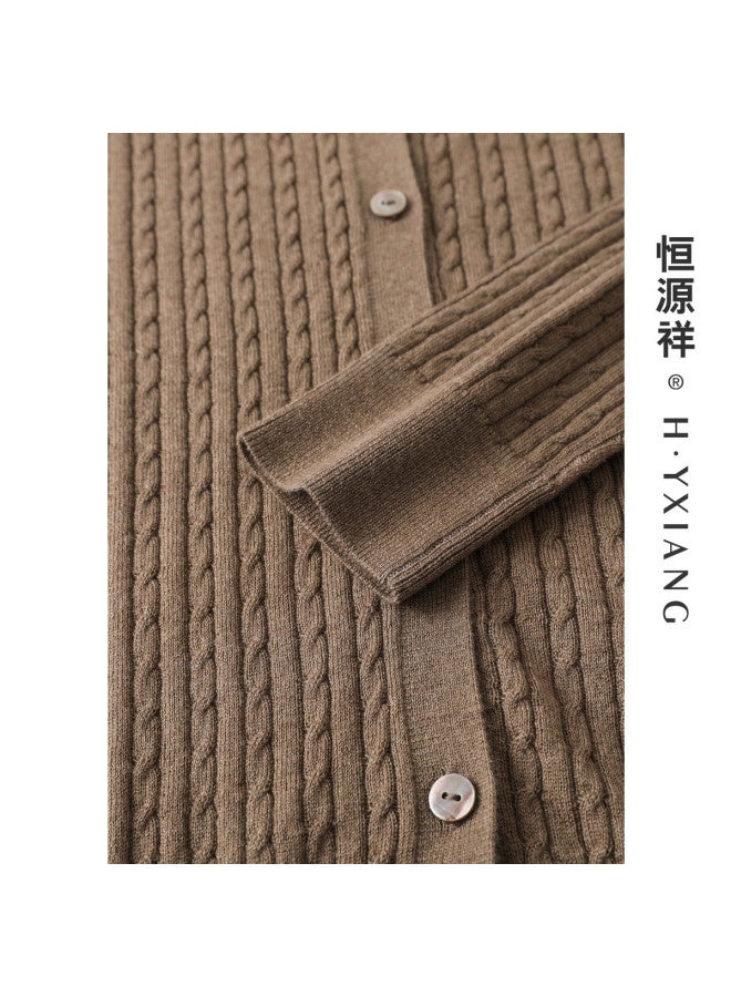 Hengyuanxiang Machine Washablewomen'S Knitted Round Neck Cardigan, Spring/Autumn Wool Sweater With Cable Pattern Top - Image 4