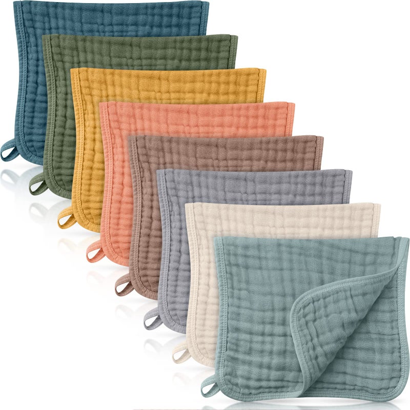 Remagr 8 Packs Muslin Burp Cloths 6 Layers Unisex Baby Items Absorbent Burp Rags Colorful Muslin Washcloths for Baby Plain Soft Cotton Cloth for Babies Girls Boys 10 x 20 Inch Beautiful Colors