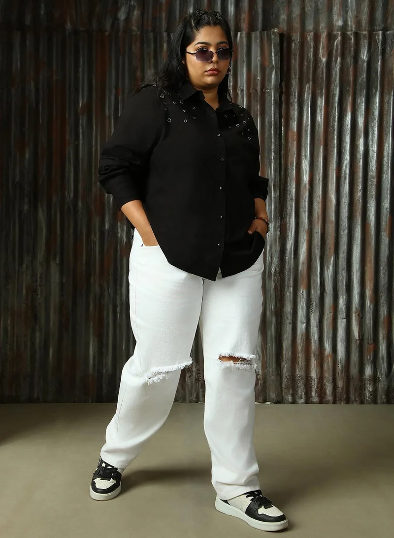 HIGH STAR Women's Black 100% Cotton Solid Plus Size Button Down Shirt