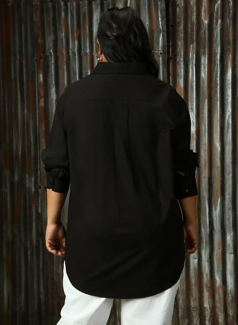 HIGH STAR Women's Black 100% Cotton Solid Plus Size Button Down Shirt