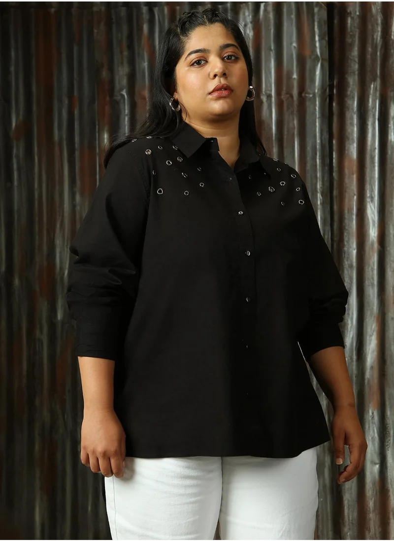 HIGH STAR Women's Black 100% Cotton Solid Plus Size Button Down Shirt