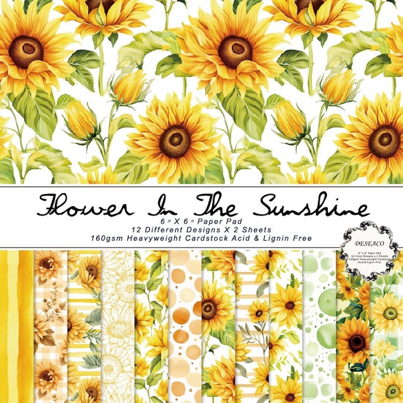 DESEACO Sunflower Scrapbook Paper Pad 6×6 inch, 24 Sheets Single-Sided Craft Paper for DIY Crafting, Card Making, and Scrapbooking – Ideal for Summer Themed Projects - Image 1
