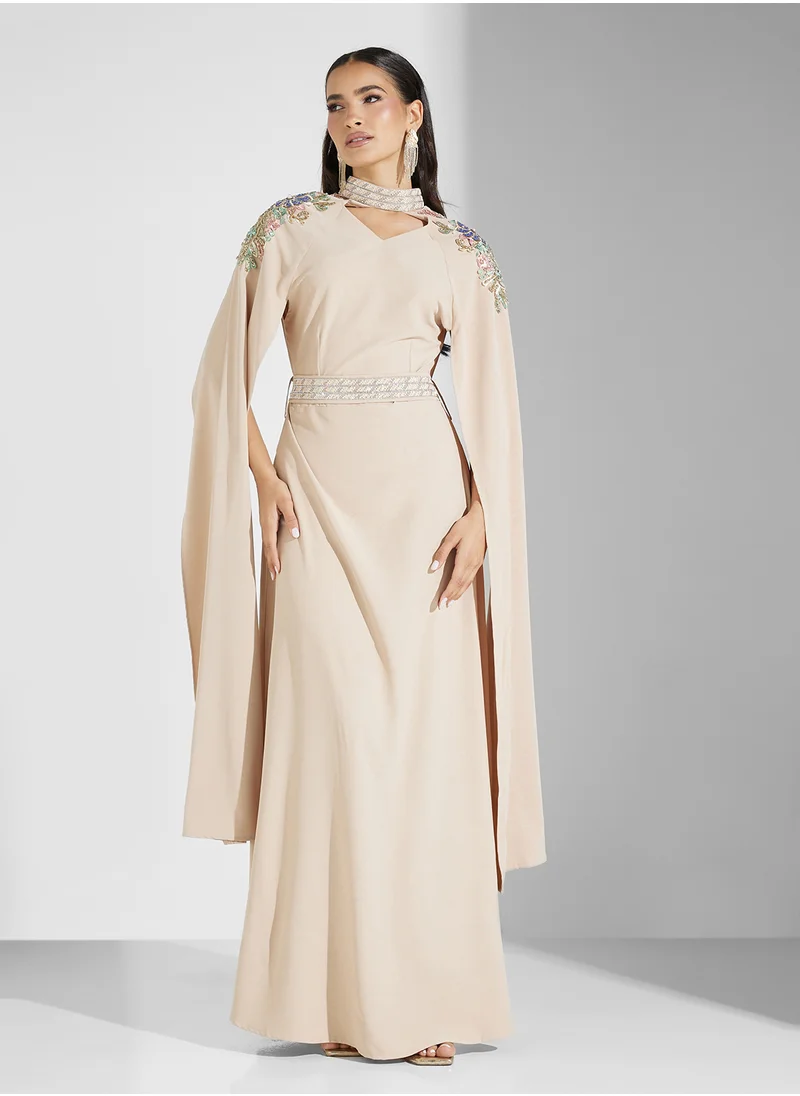هيا كلوزيت Cape Sleeve Belted Ruched Dress