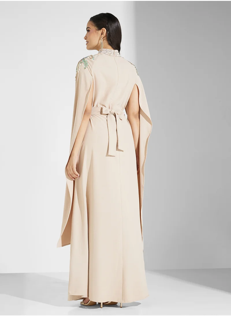 hayas closet Cape Sleeve Belted Ruched Dress