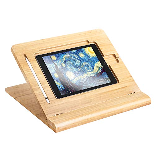 ELETIUO Tablet Stand Holder Adjustable Foldable,Multi-Angle Bamboo Wooden Organizer Desktop Holder for iPad,Stable for Drawing,Watching,Typing (Support Multiple Devices) - Image 1