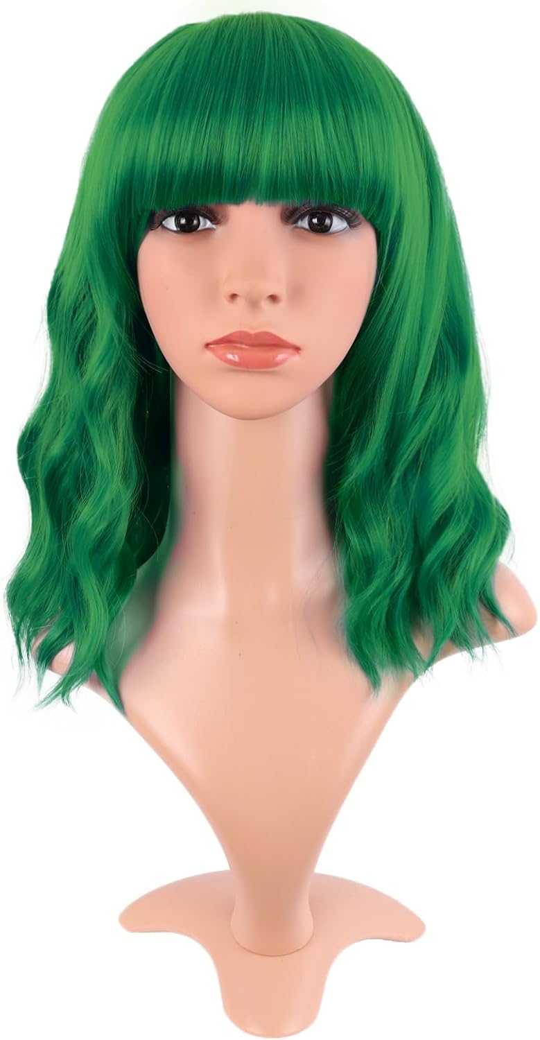 MapofBeauty 14 Inch35 cm Short Wavy Curly Women Fresh Bright Synthetic Ordinary Flat Bangs Bob Wig Grass Green