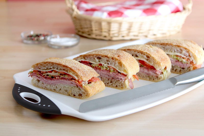 Dexas Chop & Serve Cutting Board, 12.5 by 20 inches, White with Black Handles (329-32-25) - Image 4