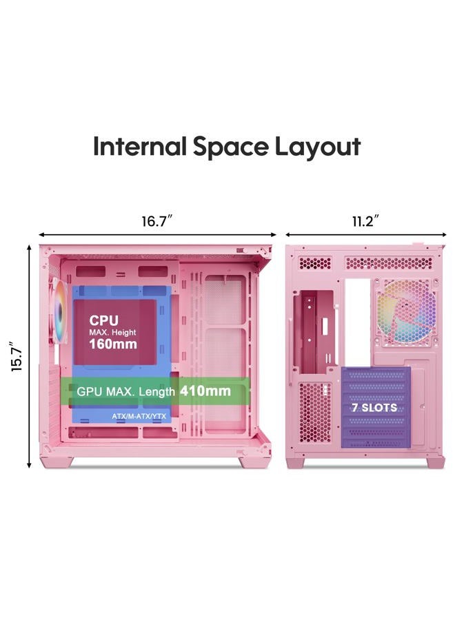 Vetroo AL900 ATX PC Case with 270° Full View Tempered Glass, Pre-Installed ARGB & PWM FDB Fan, Supports 360mm Radiator & 10 Fans, Type-C Ready, for 40 Series GPUs (Pink) - Image 3