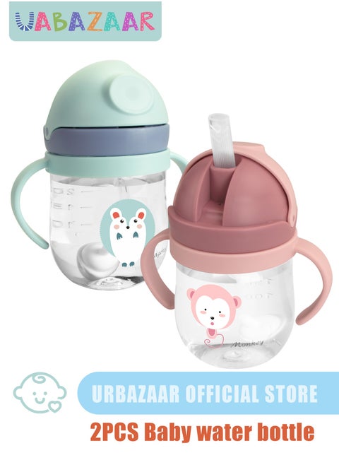 2-Pcs Baby Sippy Cups For 6 Months +, 260ml Baby Cup with Weighted Straw and Easy Grip Handles, Kids Water Bottle with Simple Flip Lid, 360 Degree Spill Proof Toddler Cup