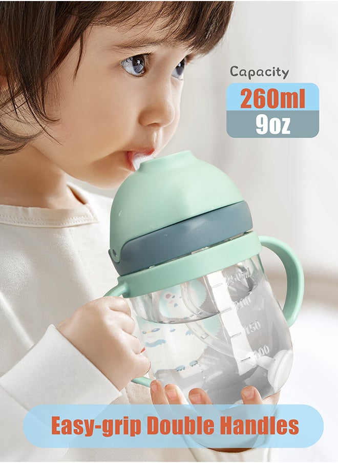 2 كوب شرب للأطفال الصغار، زجاجة مياه للأطفال سعة 260 مل مع غطاء قابل للطي، كوب شرب على شكل ديناصور للأطفال الصغار مع مقابض سهلة الإمساك ومقياس، كوب تدريب مانع للانسكاب للأطفال الذين يشربون بشكل مستقل
