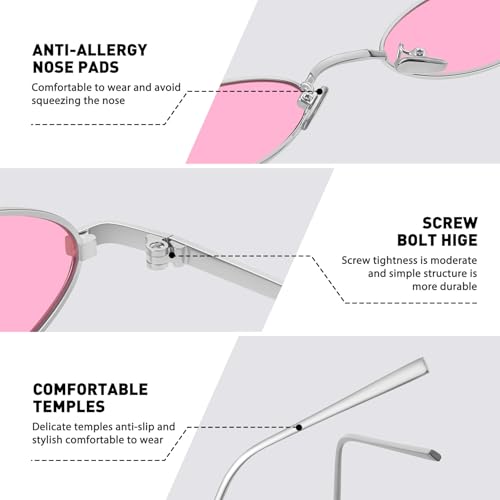 MEETSUN Retro 90s Small Oval Sunglasses For Women Men Small Face Metal Frames Gothic Narrow Sun Glasses for Outfit Cosplay - Silver/Pink - Image 4