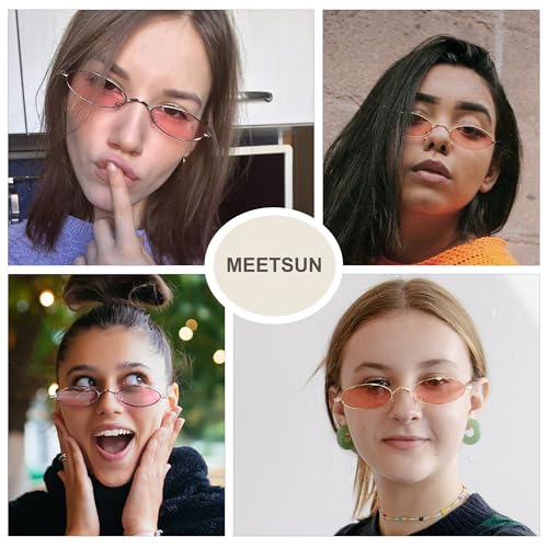 MEETSUN Retro 90s Small Oval Sunglasses For Women Men Small Face Metal Frames Gothic Narrow Sun Glasses for Outfit Cosplay - Silver/Pink - Image 2