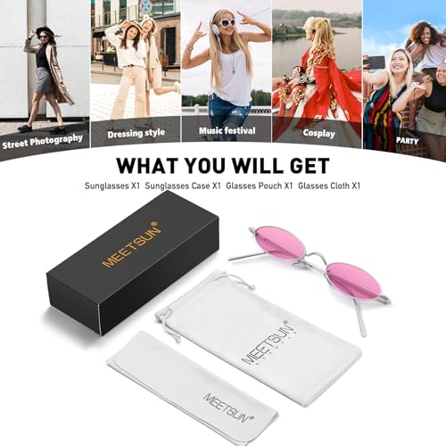 MEETSUN Retro 90s Small Oval Sunglasses For Women Men Small Face Metal Frames Gothic Narrow Sun Glasses for Outfit Cosplay - Silver/Pink - Image 5