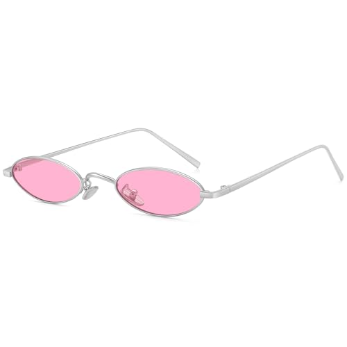 MEETSUN Retro 90s Small Oval Sunglasses For Women Men Small Face Metal Frames Gothic Narrow Sun Glasses for Outfit Cosplay - Silver/Pink - Image 1