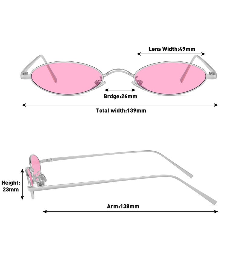 MEETSUN Retro 90s Small Oval Sunglasses For Women Men Small Face Metal Frames Gothic Narrow Sun Glasses for Outfit Cosplay - Silver/Pink - Image 3