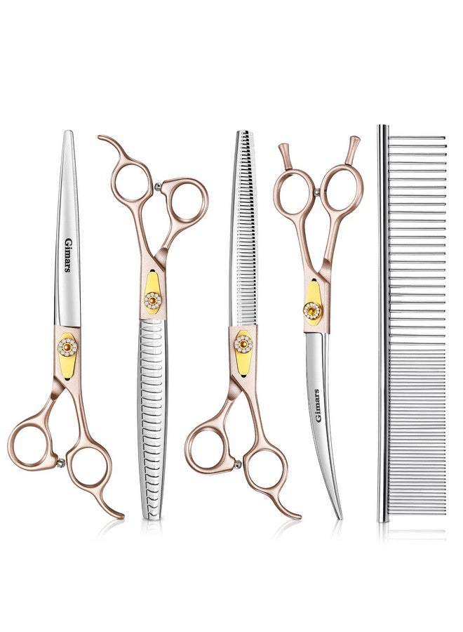 جيمارس مقص احترافي للعناية بالكلاب من الفولاذ المقاوم للصدأ 440C مقاس 8 بوصات، شديد التحمل 6 في 1 - مقص مستقيم، رقيق، سميك، منحني ومشط، مقص مريح للعناية بالحيوانات الأليفة للكلاب والقطط - Image 1
