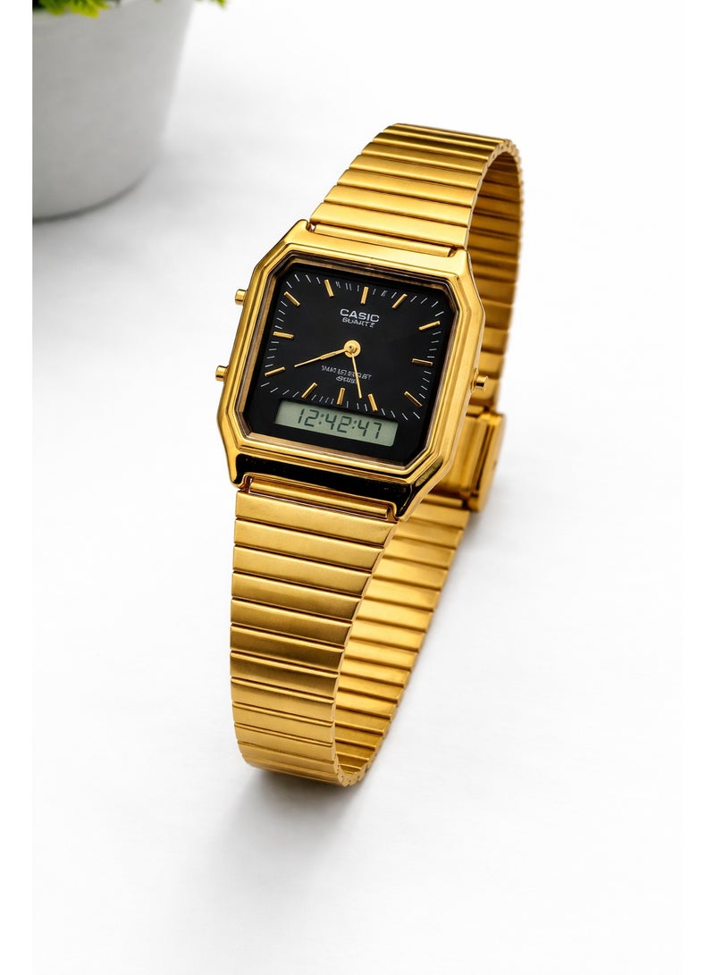 ساعة كاسيو فينتج تناظري ورقمي بسوار ستانلس ستيل ذهبي وقرص أسود – مقاومة للماء – للجنسين