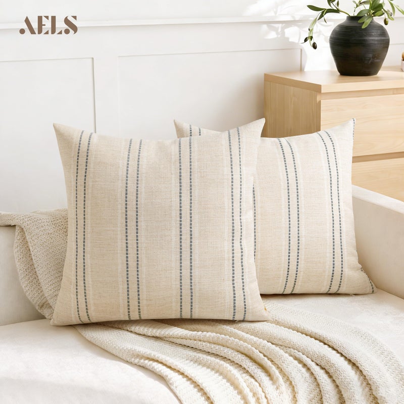 AELS 20x20 Decorative Farmhouse Linen Blend Throw Pillow Covers, Boho Textured Pillow Case, Set of 2, Beige with White & Gray Stitch Yarn Dyed Stripe Cushion Cover for Sofa Living Room (Cover ONLY) - Image 5
