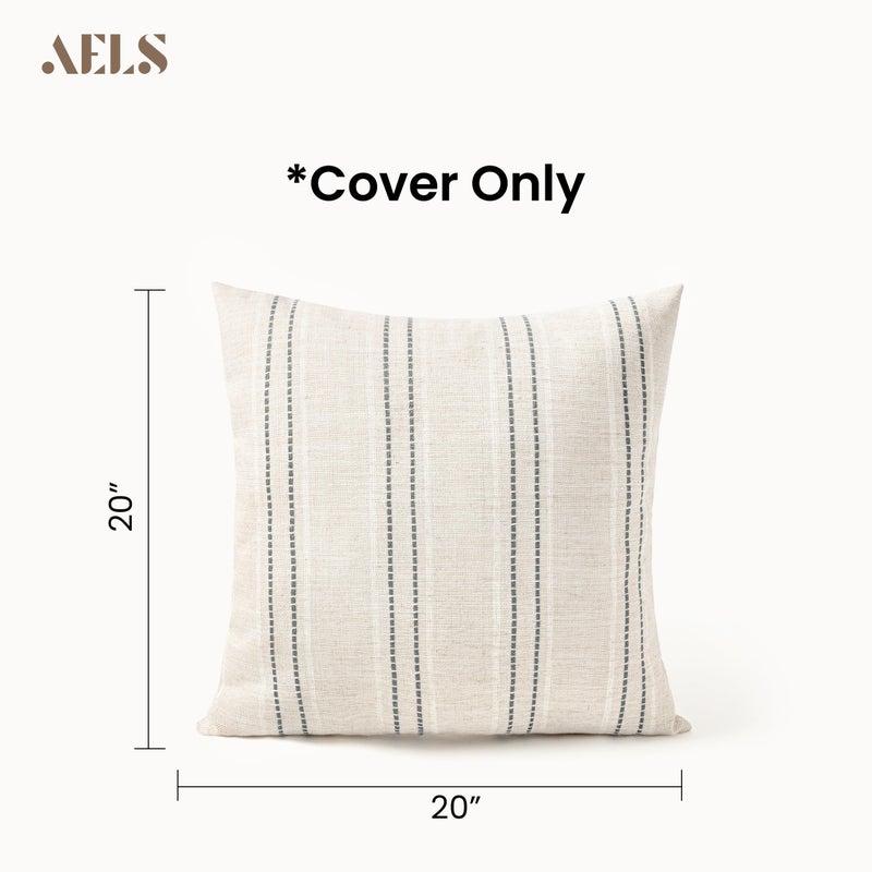 AELS 20x20 Decorative Farmhouse Linen Blend Throw Pillow Covers, Boho Textured Pillow Case, Set of 2, Beige with White & Gray Stitch Yarn Dyed Stripe Cushion Cover for Sofa Living Room (Cover ONLY) - Image 2