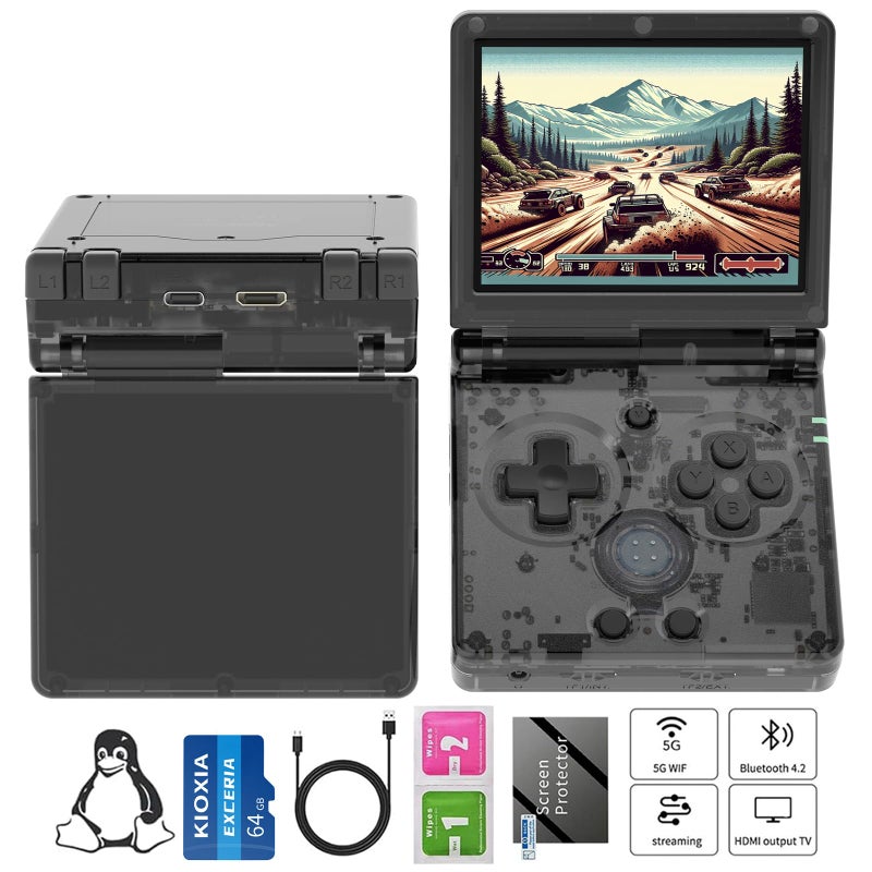 RG35XXSP Handheld Game Console RG35XX SP Clamshell Retro Game Console with 64G TF Card Preloaded Games 5532 Portable Gaming Console with 35 inch Screen 3300mAh Battery 5G WiFi Bluetooth HD Black