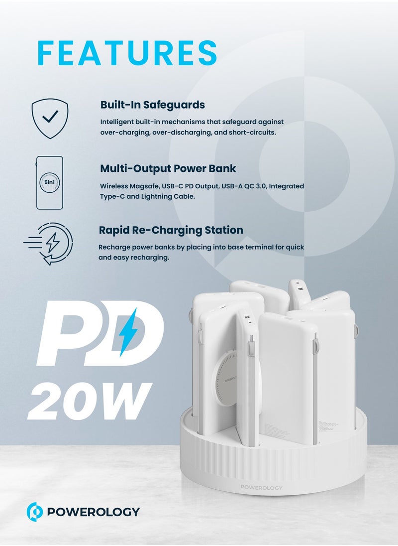 Powerology - 8-in-1 Power Station with 10000mAh Capacity/ 20W Power Delivery/ Quick Charge/ Wireless Charging Compatibility/ Type C & Lightning Head Built-in Cables/ All-in-One Powerbank Terminal - White - Image 1