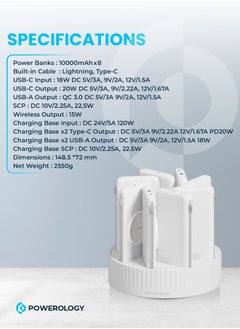 Powerology 8-in-1 Power Station with 10000mAh Capacity/ 20W Power Delivery/ Quick Charge/ Wireless Charging Compatibility/ Type C & Lightning Head Built-in Cables/ All-in-One Powerbank Terminal - White  - Image 3