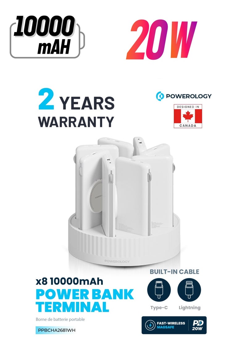 Powerology - 8-in-1 Power Station with 10000mAh Capacity/ 20W Power Delivery/ Quick Charge/ Wireless Charging Compatibility/ Type C & Lightning Head Built-in Cables/ All-in-One Powerbank Terminal - White - Image 1