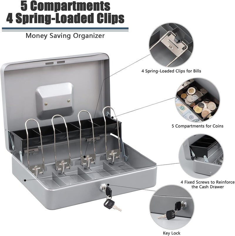 KYODOLED Locking Cash Box with Lock,Money Box with Cash Tray,Lock Safe Box with Key Money Saver,Money Saving Organizer,11.81Lx 9.45Wx 3.54H Inches,Lightgrey XL Large - Image 4