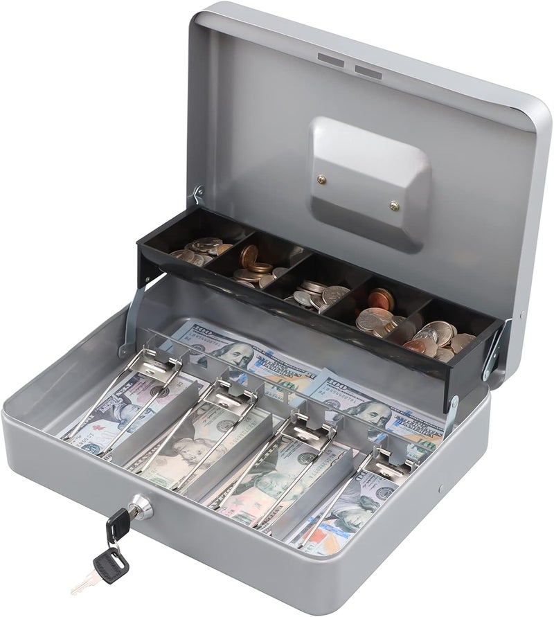 KYODOLED Locking Cash Box with Lock,Money Box with Cash Tray,Lock Safe Box with Key Money Saver,Money Saving Organizer,11.81Lx 9.45Wx 3.54H Inches,Lightgrey XL Large - Image 1