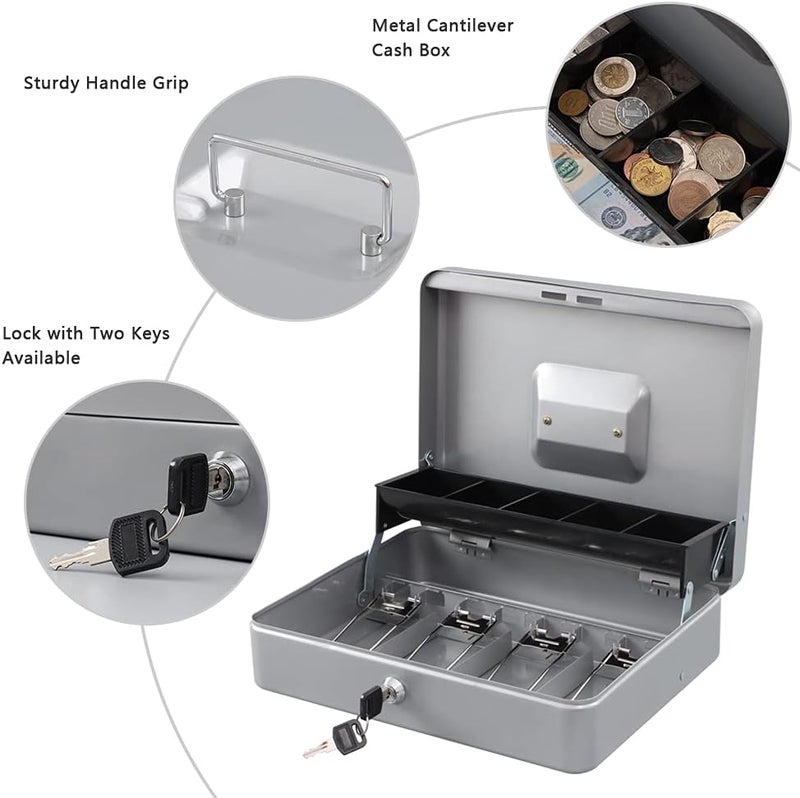 KYODOLED Locking Cash Box with Lock,Money Box with Cash Tray,Lock Safe Box with Key Money Saver,Money Saving Organizer,11.81Lx 9.45Wx 3.54H Inches,Lightgrey XL Large - Image 2