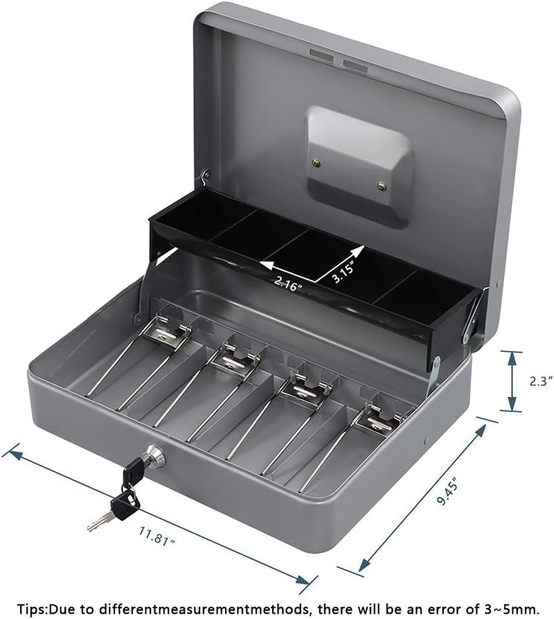 KYODOLED Locking Cash Box with Lock,Money Box with Cash Tray,Lock Safe Box with Key Money Saver,Money Saving Organizer,11.81Lx 9.45Wx 3.54H Inches,Lightgrey XL Large - Image 3