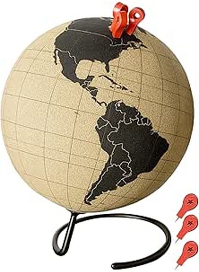 5.9 Inch Black World Globe With Push Pins On Cork Map And Metal Base Home Office Decor Gift - Image 1