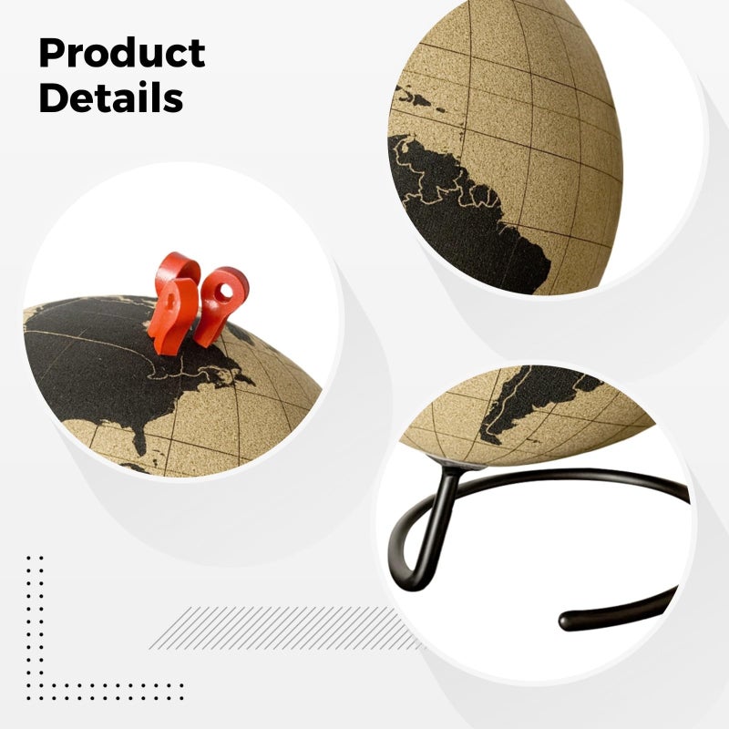 5.9 Inch Black World Globe With Push Pins On Cork Map And Metal Base Home Office Decor Gift - Image 4